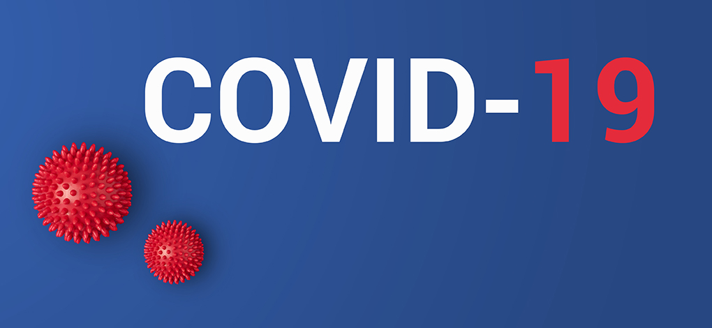 Iinscription COVID-19 on blue background with red ball